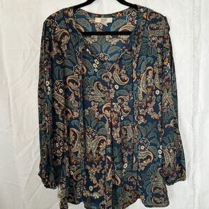 VINTAGE AMERICA BLUES blue and orange paisley printed long sleeve top. Size XL.